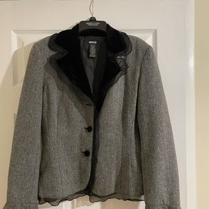 Metro style gray and black blazer with velour collar and pretty trim
